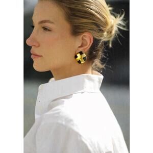 Vintage St John Black Gold Sculptural Clip Earrings Signed Power Jewelry Chic